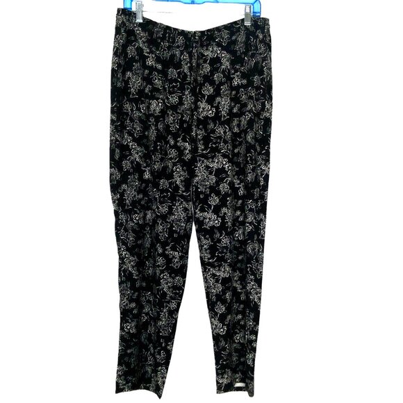 J JILL Women Floral Pants Sz M Black Pull On Drawstring Business Casual 51-5 - Picture 1 of 10